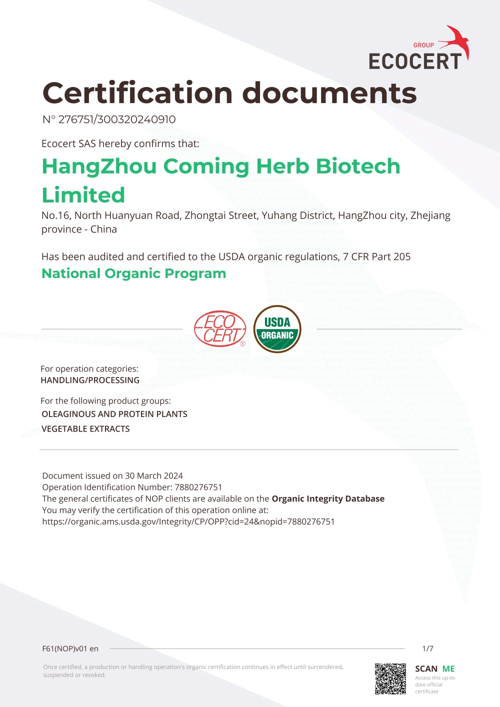 NOP and COR Organic certificate_Coming Herb-1